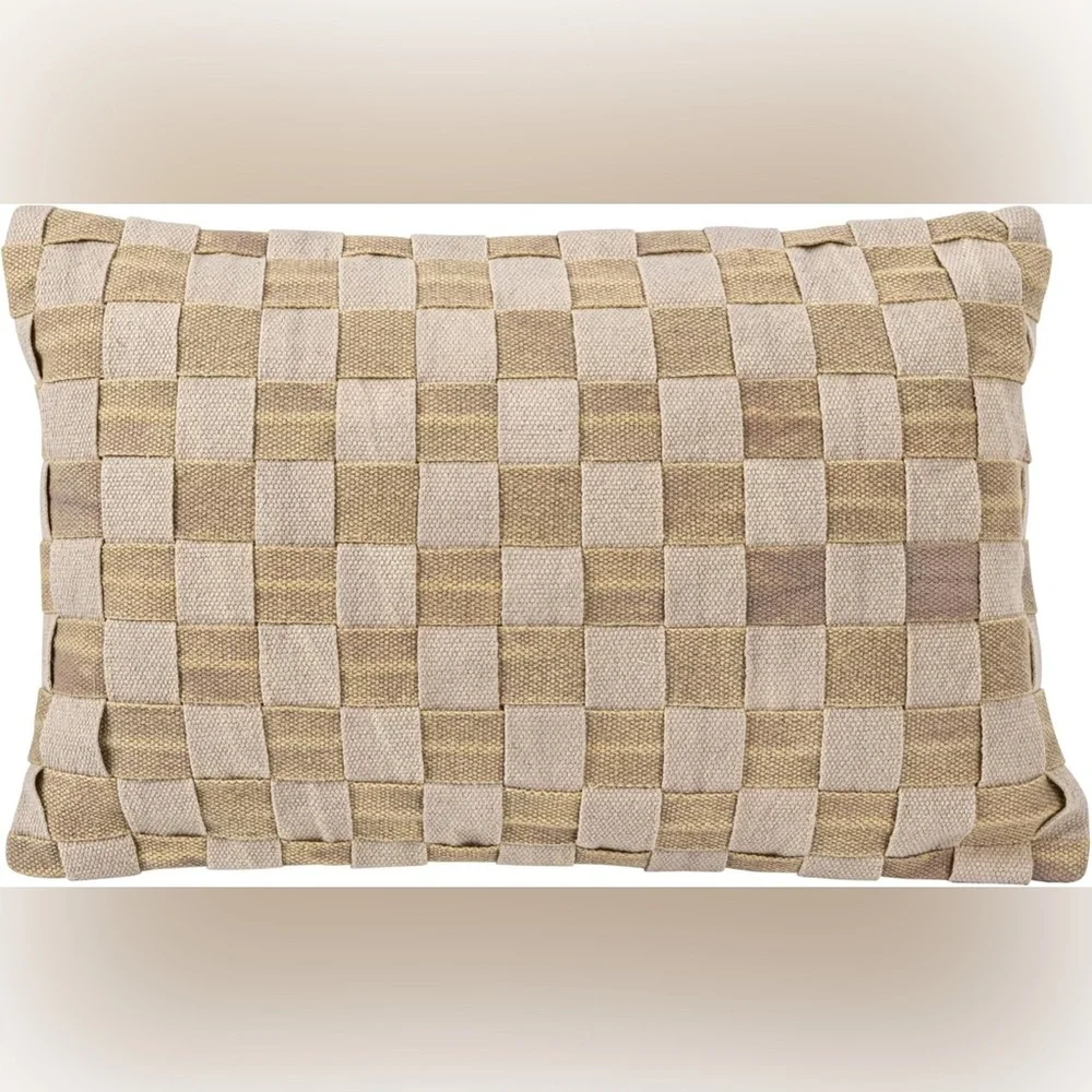 Bloomingville Lumbar Pillow 24x16 Olive Gray Woven Cotton Basket Weave New